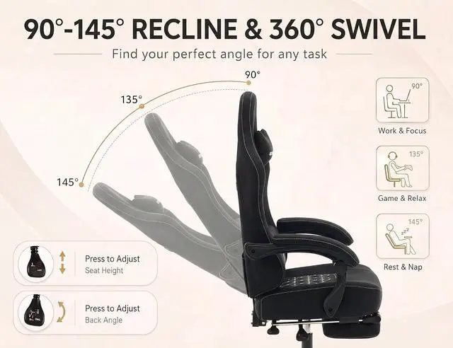 Alt view image 4 of 7 - Office Desk Computer Gaming Chair for Adults, Ergonomic High Back Gamer Chair with Massage and Pocket Spring Cushion, Swivel Comfy Video Game Chairs with Footrest and Lumbar Support (Pro Black)