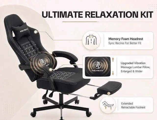 Alt view image 6 of 7 - Office Desk Computer Gaming Chair for Adults, Ergonomic High Back Gamer Chair with Massage and Pocket Spring Cushion, Swivel Comfy Video Game Chairs with Footrest and Lumbar Support (Pro Black)