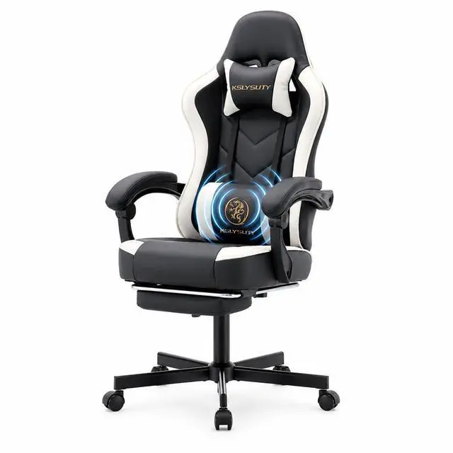 Main image of Office Desk Computer Gaming Chair for Adults, Ergonomic High Back Gamer Chair with Massage and Pocket Spring Cushion, Swivel Comfy Video Game Chairs with Footrest and Lumbar Support (Black White)