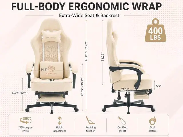 Alt view image 2 of 7 - Office Desk Computer Gaming Chair for Adults, Ergonomic High Back Gamer Chair with Massage and Pocket Spring Cushion, Swivel Comfy Video Game Chairs with Footrest and Lumbar Support (Pro Beige)