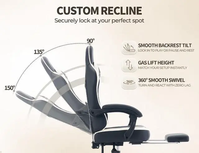 Alt view image 7 of 7 - Office Desk Computer Gaming Chair for Adults, Ergonomic High Back Gamer Chair with Massage and Pocket Spring Cushion, Swivel Comfy Video Game Chairs with Footrest and Lumbar Support (Black White)