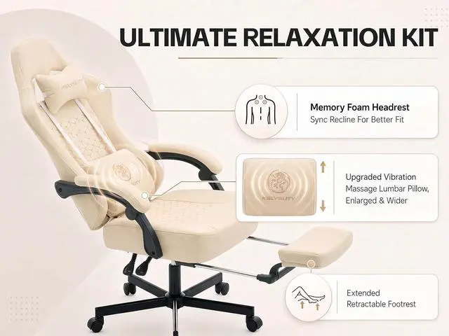 Alt view image 6 of 7 - Office Desk Computer Gaming Chair for Adults, Ergonomic High Back Gamer Chair with Massage and Pocket Spring Cushion, Swivel Comfy Video Game Chairs with Footrest and Lumbar Support (Pro Beige)