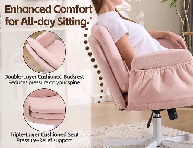 Alt view image 3 of 7 - Criss Cross Chair with 5-Gear Adjustable Armrests & Wheels, Ergonomic Airbag Back Support Swivel Desk Chair for Home Office, Vanity, Bedroom and Living Room,Pink