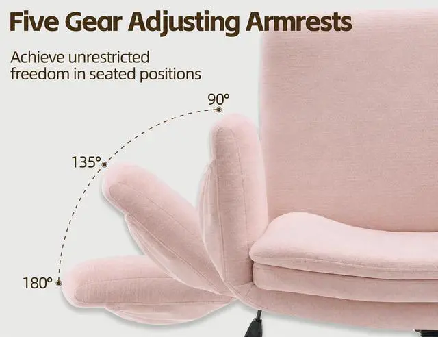 Alt view image 5 of 7 - Criss Cross Chair with 5-Gear Adjustable Armrests & Wheels, Ergonomic Airbag Back Support Swivel Desk Chair for Home Office, Vanity, Bedroom and Living Room,Pink