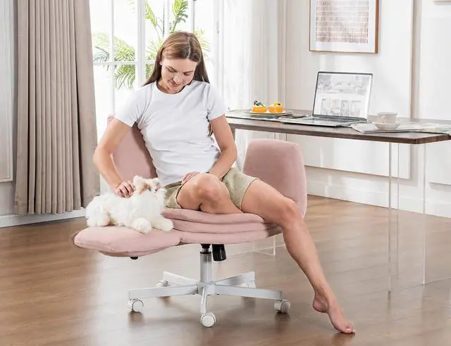 Alt view image 6 of 7 - Criss Cross Chair with 5-Gear Adjustable Armrests & Wheels, Ergonomic Airbag Back Support Swivel Desk Chair for Home Office, Vanity, Bedroom and Living Room,Pink