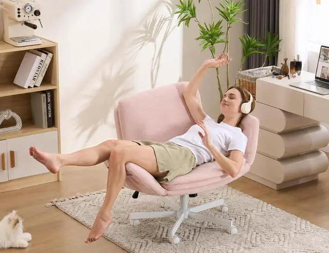Alt view image 7 of 7 - Criss Cross Chair with 5-Gear Adjustable Armrests & Wheels, Ergonomic Airbag Back Support Swivel Desk Chair for Home Office, Vanity, Bedroom and Living Room,Pink