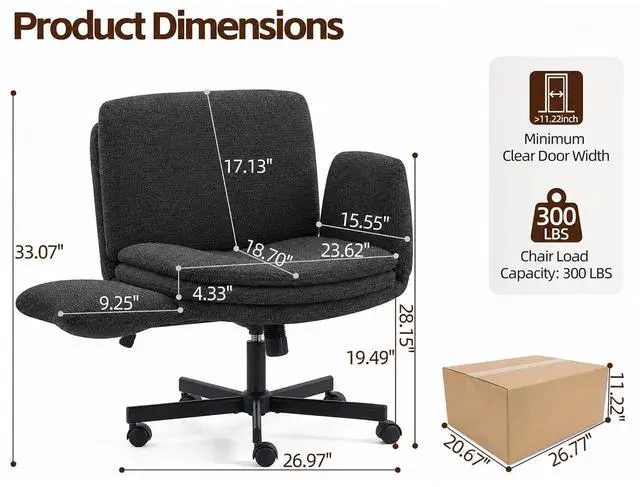 Alt view image 2 of 7 - Criss Cross Chair with 5-Gear Adjustable Armrests & Wheels, Ergonomic Airbag Back Support Swivel Desk Chair for Home Office, Vanity, Bedroom and Living Room,Dark Grey