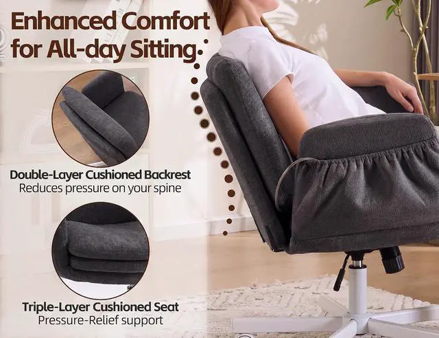 Alt view image 3 of 7 - Criss Cross Chair with 5-Gear Adjustable Armrests & Wheels, Ergonomic Airbag Back Support Swivel Desk Chair for Home Office, Vanity, Bedroom and Living Room,Dark Grey