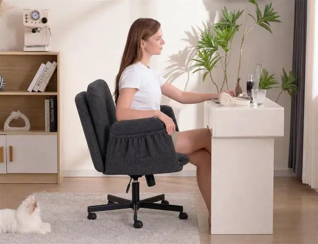 Alt view image 6 of 7 - Criss Cross Chair with 5-Gear Adjustable Armrests & Wheels, Ergonomic Airbag Back Support Swivel Desk Chair for Home Office, Vanity, Bedroom and Living Room,Dark Grey