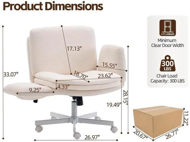 Alt view image 2 of 7 - Criss Cross Chair with 5-Gear Adjustable Armrests & Wheels, Ergonomic Airbag Back Support Swivel Desk Chair for Home Office, Vanity, Bedroom and Living Room,Beige