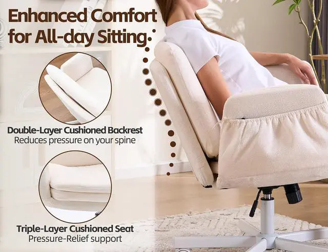 Alt view image 3 of 7 - Criss Cross Chair with 5-Gear Adjustable Armrests & Wheels, Ergonomic Airbag Back Support Swivel Desk Chair for Home Office, Vanity, Bedroom and Living Room,Beige