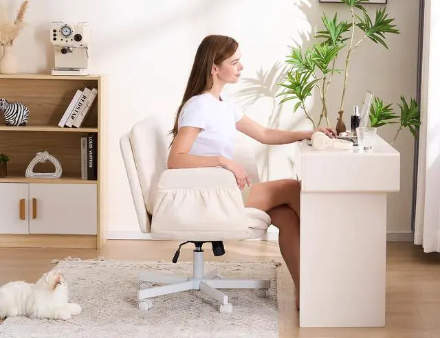 Alt view image 6 of 7 - Criss Cross Chair with 5-Gear Adjustable Armrests & Wheels, Ergonomic Airbag Back Support Swivel Desk Chair for Home Office, Vanity, Bedroom and Living Room,Beige