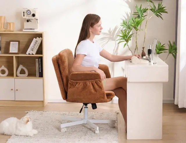 Alt view image 6 of 7 - Criss Cross Chair with 5-Gear Adjustable Armrests & Wheels, Ergonomic Airbag Back Support Swivel Desk Chair for Home Office, Vanity, Bedroom and Living Room,Orange