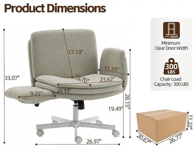 Alt view image 2 of 7 - Criss Cross Chair with 5-Gear Adjustable Armrests & Wheels, Ergonomic Airbag Back Support Swivel Desk Chair for Home Office, Vanity, Bedroom and Living Room,Green