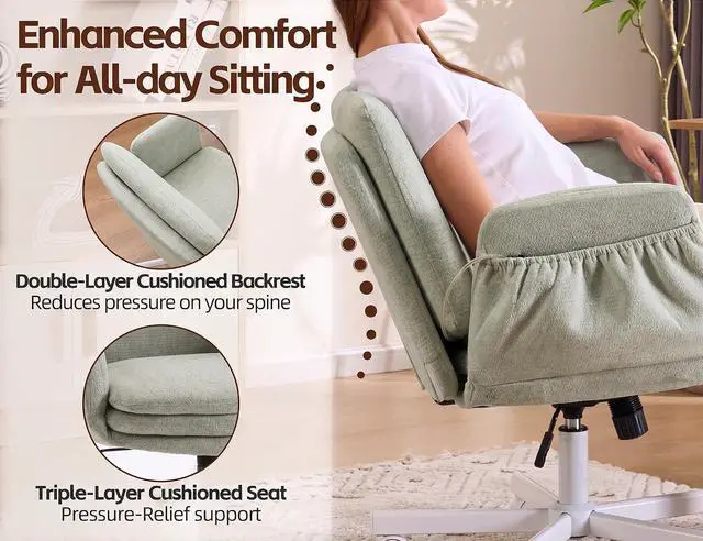 Alt view image 3 of 7 - Criss Cross Chair with 5-Gear Adjustable Armrests & Wheels, Ergonomic Airbag Back Support Swivel Desk Chair for Home Office, Vanity, Bedroom and Living Room,Green