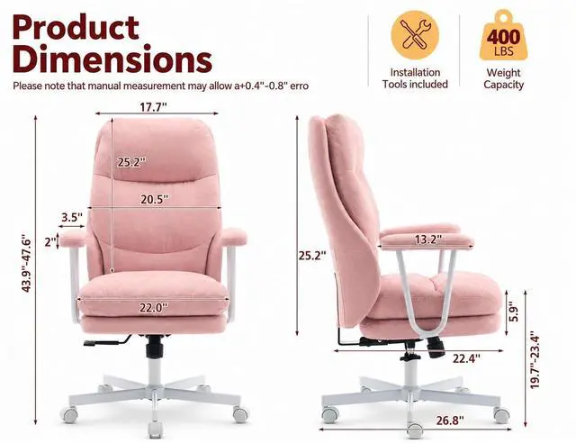 Alt view image 2 of 7 - Ergonomic Office Chair, High Back Fabric Executive Chair with Thick Cushion, 90°-120° Rocking Desk Chair, 400 lbs Swivel Rolling Computer Chair with Padded Armrests, Pink