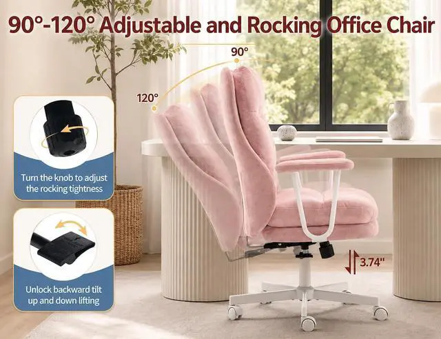Alt view image 4 of 7 - Ergonomic Office Chair, High Back Fabric Executive Chair with Thick Cushion, 90°-120° Rocking Desk Chair, 400 lbs Swivel Rolling Computer Chair with Padded Armrests, Pink