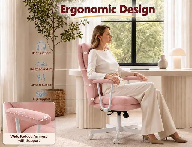Alt view image 5 of 7 - Ergonomic Office Chair, High Back Fabric Executive Chair with Thick Cushion, 90°-120° Rocking Desk Chair, 400 lbs Swivel Rolling Computer Chair with Padded Armrests, Pink
