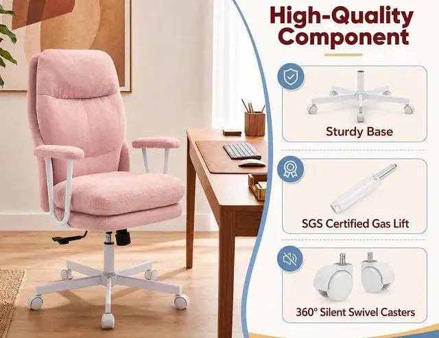 Alt view image 7 of 7 - Ergonomic Office Chair, High Back Fabric Executive Chair with Thick Cushion, 90°-120° Rocking Desk Chair, 400 lbs Swivel Rolling Computer Chair with Padded Armrests, Pink