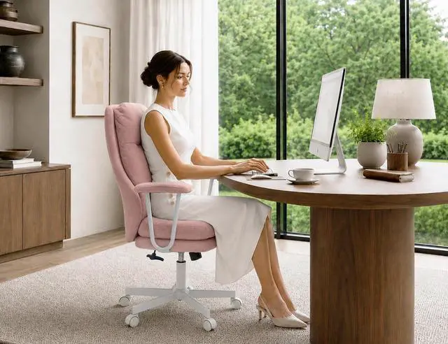 Alt view image 3 of 7 - Ergonomic Office Chair, High Back Fabric Executive Chair with Thick Cushion, 90°-120° Rocking Desk Chair, 400 lbs Swivel Rolling Computer Chair with Padded Armrests, Pink