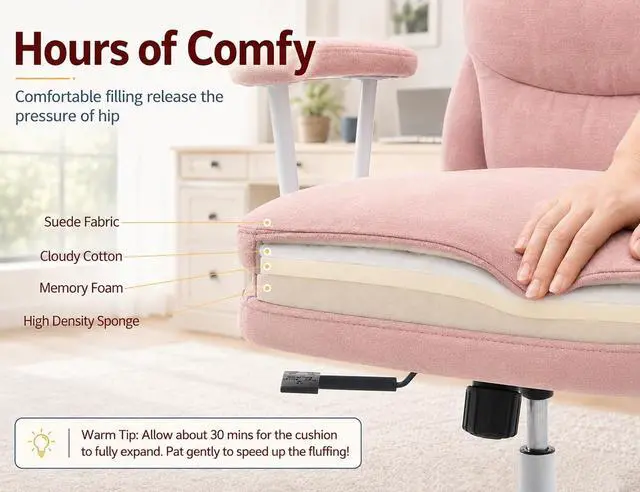 Alt view image 6 of 7 - Ergonomic Office Chair, High Back Fabric Executive Chair with Thick Cushion, 90°-120° Rocking Desk Chair, 400 lbs Swivel Rolling Computer Chair with Padded Armrests, Pink