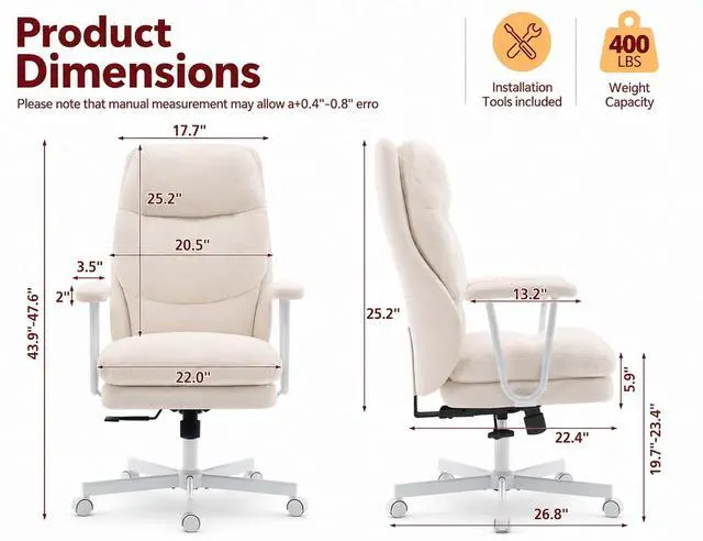 Alt view image 2 of 7 - Ergonomic Office Chair, High Back Fabric Executive Chair with Thick Cushion, 90°-120° Rocking Desk Chair, 400 lbs Swivel Rolling Computer Chair with Padded Armrests, Beige