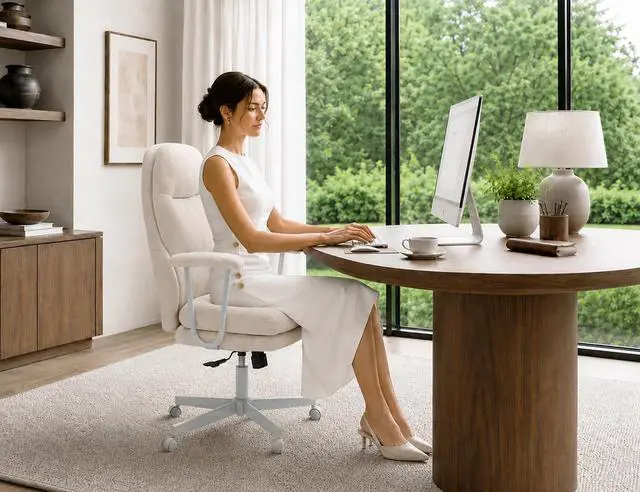 Alt view image 3 of 7 - Ergonomic Office Chair, High Back Fabric Executive Chair with Thick Cushion, 90°-120° Rocking Desk Chair, 400 lbs Swivel Rolling Computer Chair with Padded Armrests, Beige