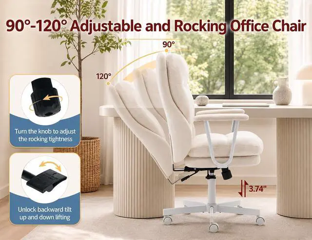 Alt view image 4 of 7 - Ergonomic Office Chair, High Back Fabric Executive Chair with Thick Cushion, 90°-120° Rocking Desk Chair, 400 lbs Swivel Rolling Computer Chair with Padded Armrests, Beige