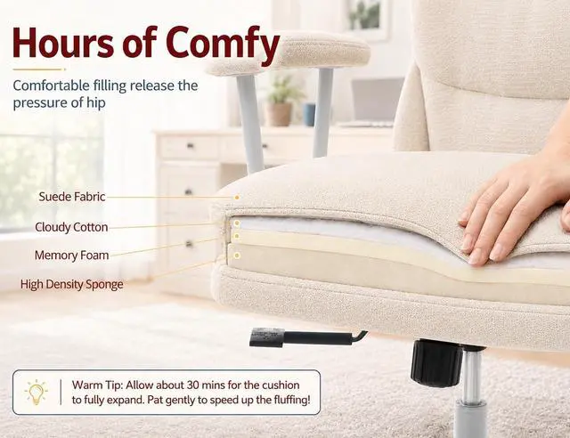 Alt view image 6 of 7 - Ergonomic Office Chair, High Back Fabric Executive Chair with Thick Cushion, 90°-120° Rocking Desk Chair, 400 lbs Swivel Rolling Computer Chair with Padded Armrests, Beige