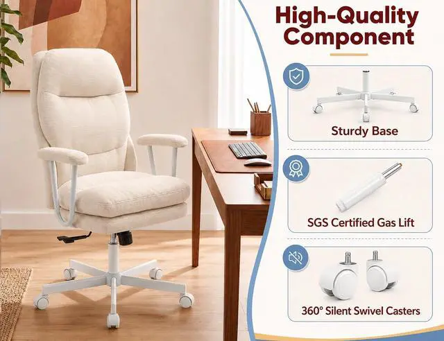 Alt view image 7 of 7 - Ergonomic Office Chair, High Back Fabric Executive Chair with Thick Cushion, 90°-120° Rocking Desk Chair, 400 lbs Swivel Rolling Computer Chair with Padded Armrests, Beige