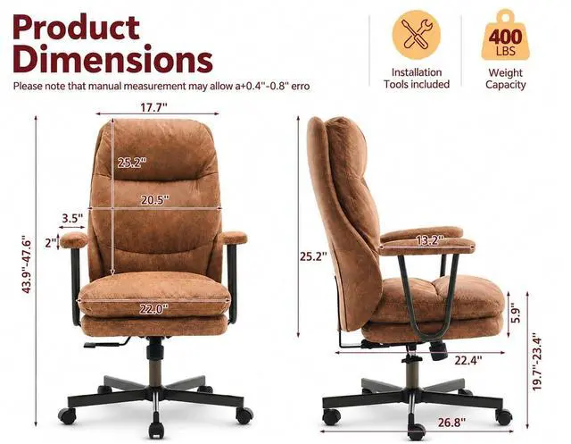Alt view image 2 of 7 - Ergonomic Office Chair, High Back Fabric Executive Chair with Thick Cushion, 90°-120° Rocking Desk Chair, 400 lbs Swivel Rolling Computer Chair with Padded Armrests, Bronze Brown