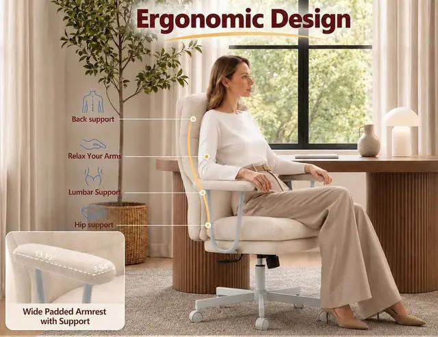 Alt view image 5 of 7 - Ergonomic Office Chair, High Back Fabric Executive Chair with Thick Cushion, 90°-120° Rocking Desk Chair, 400 lbs Swivel Rolling Computer Chair with Padded Armrests, Beige