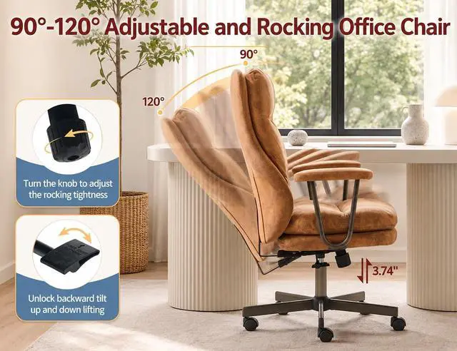 Alt view image 4 of 7 - Ergonomic Office Chair, High Back Fabric Executive Chair with Thick Cushion, 90°-120° Rocking Desk Chair, 400 lbs Swivel Rolling Computer Chair with Padded Armrests, Bronze Brown