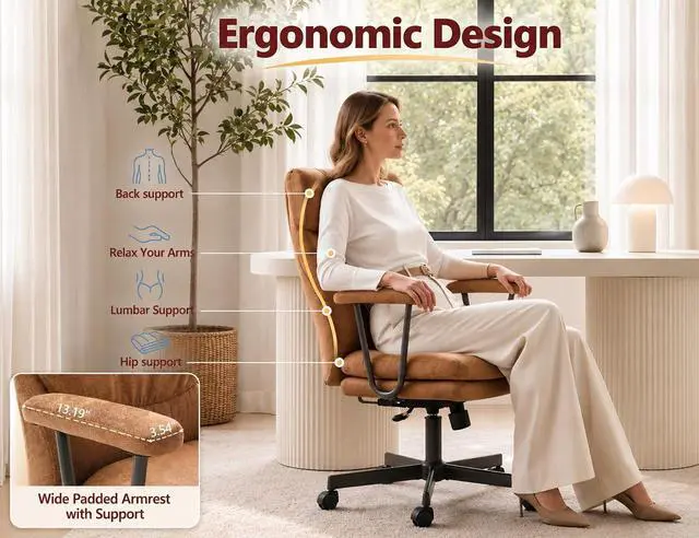 Alt view image 5 of 7 - Ergonomic Office Chair, High Back Fabric Executive Chair with Thick Cushion, 90°-120° Rocking Desk Chair, 400 lbs Swivel Rolling Computer Chair with Padded Armrests, Bronze Brown