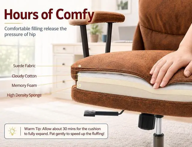 Alt view image 6 of 7 - Ergonomic Office Chair, High Back Fabric Executive Chair with Thick Cushion, 90°-120° Rocking Desk Chair, 400 lbs Swivel Rolling Computer Chair with Padded Armrests, Bronze Brown