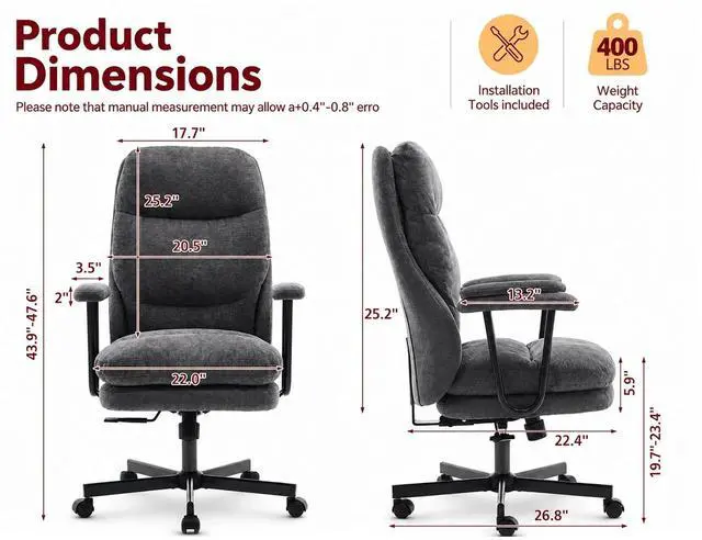 Alt view image 2 of 7 - Ergonomic Office Chair, High Back Fabric Executive Chair with Thick Cushion, 90°-120° Rocking Desk Chair, 400 lbs Swivel Rolling Computer Chair with Padded Armrests, Dark Grey