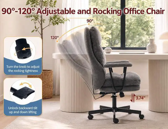 Alt view image 4 of 7 - Ergonomic Office Chair, High Back Fabric Executive Chair with Thick Cushion, 90°-120° Rocking Desk Chair, 400 lbs Swivel Rolling Computer Chair with Padded Armrests, Dark Grey