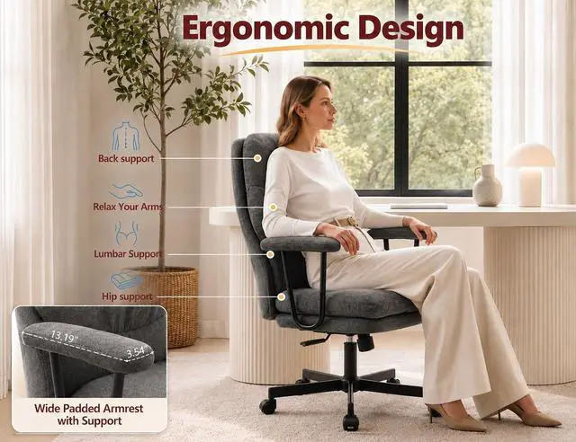 Alt view image 5 of 7 - Ergonomic Office Chair, High Back Fabric Executive Chair with Thick Cushion, 90°-120° Rocking Desk Chair, 400 lbs Swivel Rolling Computer Chair with Padded Armrests, Dark Grey