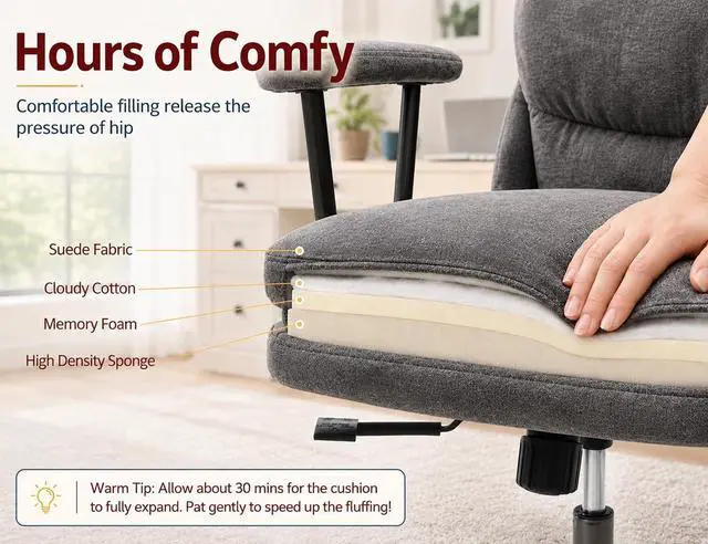 Alt view image 6 of 7 - Ergonomic Office Chair, High Back Fabric Executive Chair with Thick Cushion, 90°-120° Rocking Desk Chair, 400 lbs Swivel Rolling Computer Chair with Padded Armrests, Dark Grey