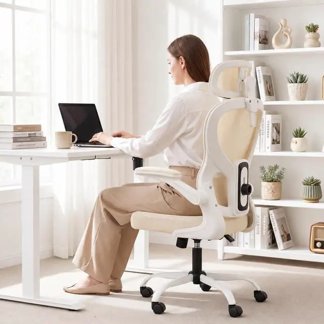 Main image of Ergonomic Office Chair with Adjustable Headrest & Lumbar Support, High Back Mesh Desk Chair, 330 LBS Capacity Swivel Computer Chair with Flip-Up Arms, Home Office Gaming Chair (Beige)