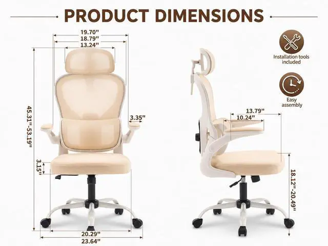 Alt view image 2 of 7 - Ergonomic Office Chair with Adjustable Headrest & Lumbar Support, High Back Mesh Desk Chair, 330 LBS Capacity Swivel Computer Chair with Flip-Up Arms, Home Office Gaming Chair (Beige)