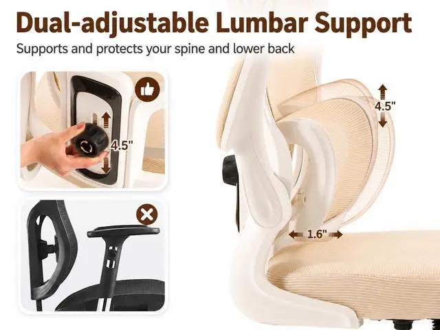 Alt view image 3 of 7 - Ergonomic Office Chair with Adjustable Headrest & Lumbar Support, High Back Mesh Desk Chair, 330 LBS Capacity Swivel Computer Chair with Flip-Up Arms, Home Office Gaming Chair (Beige)