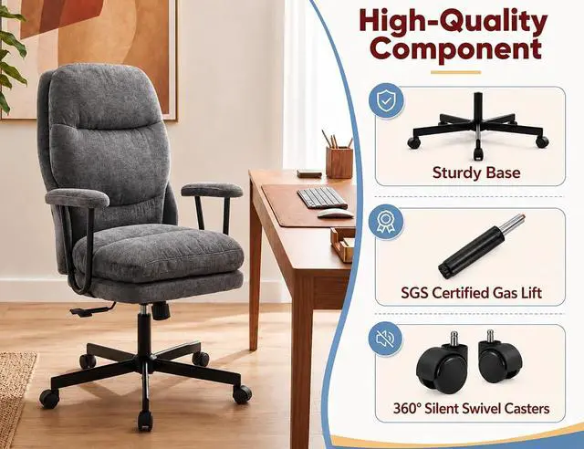 Alt view image 7 of 7 - Ergonomic Office Chair, High Back Fabric Executive Chair with Thick Cushion, 90°-120° Rocking Desk Chair, 400 lbs Swivel Rolling Computer Chair with Padded Armrests, Dark Grey