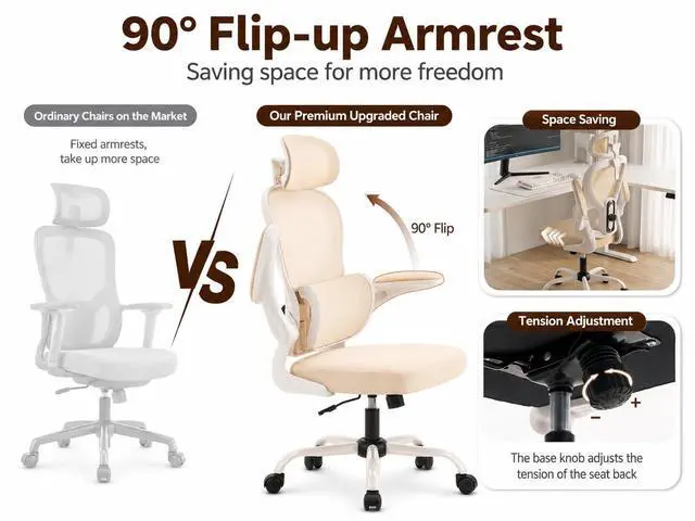 Alt view image 5 of 7 - Ergonomic Office Chair with Adjustable Headrest & Lumbar Support, High Back Mesh Desk Chair, 330 LBS Capacity Swivel Computer Chair with Flip-Up Arms, Home Office Gaming Chair (Beige)