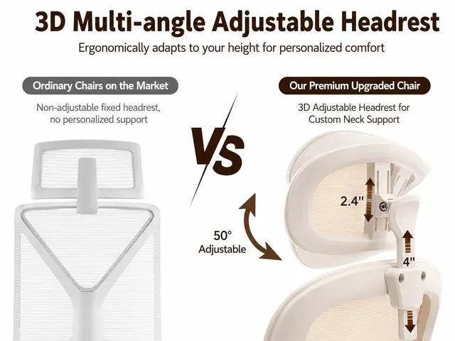 Alt view image 4 of 7 - Ergonomic Office Chair with Adjustable Headrest & Lumbar Support, High Back Mesh Desk Chair, 330 LBS Capacity Swivel Computer Chair with Flip-Up Arms, Home Office Gaming Chair (Beige)