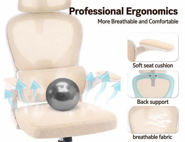 Alt view image 7 of 7 - Ergonomic Office Chair with Adjustable Headrest & Lumbar Support, High Back Mesh Desk Chair, 330 LBS Capacity Swivel Computer Chair with Flip-Up Arms, Home Office Gaming Chair (Beige)