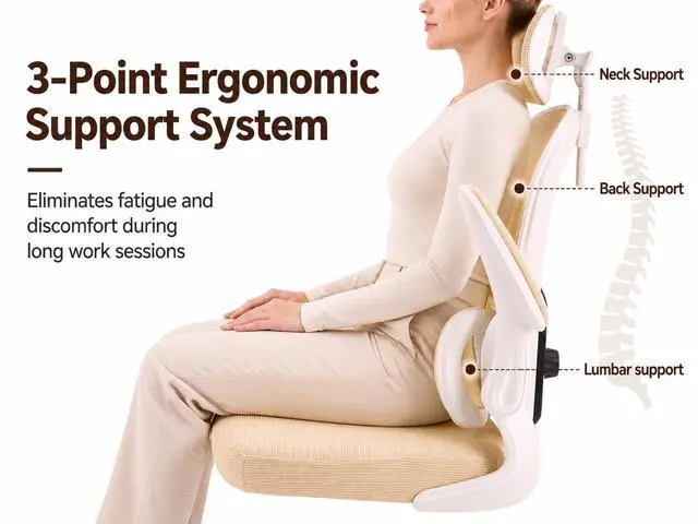 Alt view image 6 of 7 - Ergonomic Office Chair with Adjustable Headrest & Lumbar Support, High Back Mesh Desk Chair, 330 LBS Capacity Swivel Computer Chair with Flip-Up Arms, Home Office Gaming Chair (Beige)