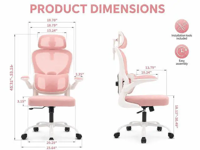 Alt view image 2 of 7 - Ergonomic Office Chair with Adjustable Headrest & Lumbar Support, High Back Mesh Desk Chair, 400 LBS Capacity Swivel Computer Chair with Flip-Up Arms, Home Office Gaming Chair (Pink)
