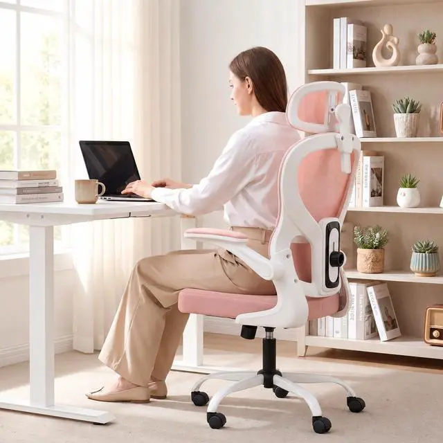 Main image of Ergonomic Office Chair with Adjustable Headrest & Lumbar Support, High Back Mesh Desk Chair, 400 LBS Capacity Swivel Computer Chair with Flip-Up Arms, Home Office Gaming Chair (Pink)