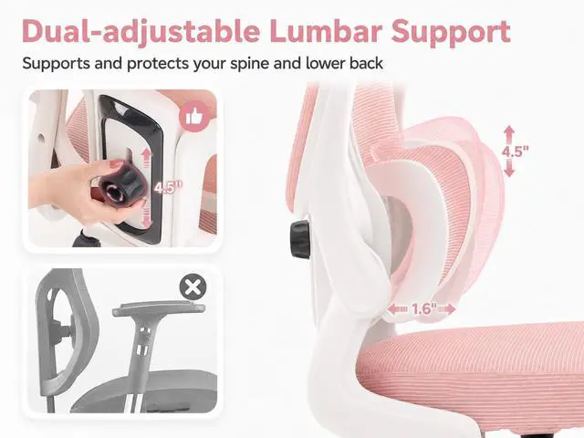 Alt view image 3 of 7 - Ergonomic Office Chair with Adjustable Headrest & Lumbar Support, High Back Mesh Desk Chair, 400 LBS Capacity Swivel Computer Chair with Flip-Up Arms, Home Office Gaming Chair (Pink)